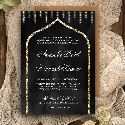 Charcoal Grey Gold Ethnic Indian Arch Wedding Kaart