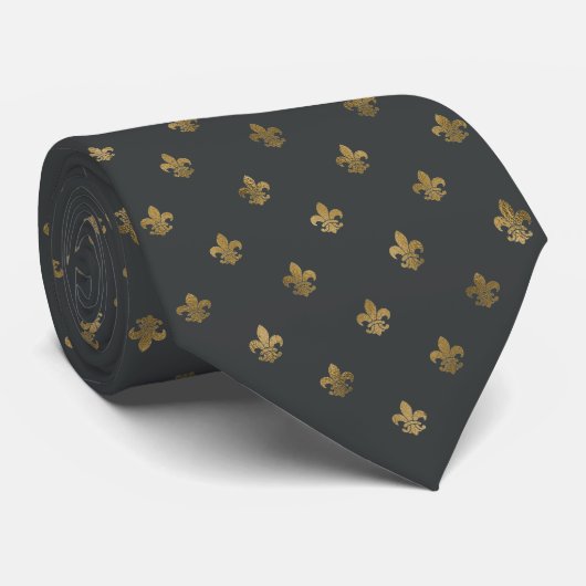 Charcoal Grey & Gold Fleur de Lis Stropdas (Opgerold)