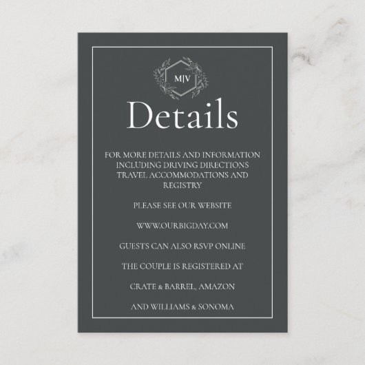 Charcoal Grey QR Code Monogram Enclosure Card Informatiekaartje (Voorkant)