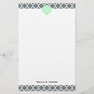 Charcoal Grey White Moroccan #5 Mint Name Monogram Briefpapier
