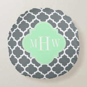 Charcoal Grey White Moroccan #5 Mint Name Monogram Rond Kussen