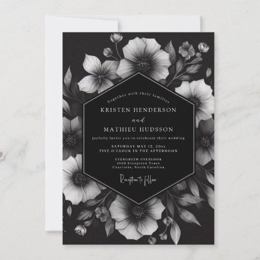Charcoal Ink Blot Bloom Wedding Kaart (Voorkant)