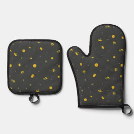 Charcoal Japanese Dandelion Floral Pattern Ovenwant & Pannenlap Set