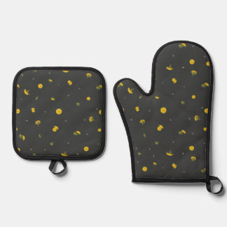 Charcoal Japanese Dandelion Floral Pattern Ovenwant & Pannenlap Set