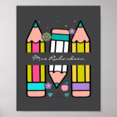 Charcoal Kleurrijke Leraar Cartoon Potlood Poster (Voorkant)