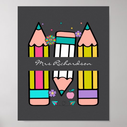 Charcoal Kleurrijke Leraar Cartoon Potlood Poster (Voorkant)