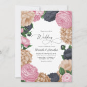 Charcoal, Light Taupe & Peony Pink Floral Wedding Kaart (Voorkant)