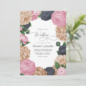 Charcoal, Light Taupe & Peony Pink Floral Wedding Kaart (Staand voorkant)