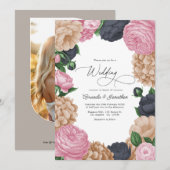 Charcoal, Light Taupe & Peony Pink Floral Wedding Kaart (Voorkant / Achterkant)