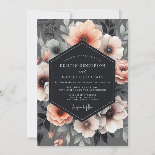 Charcoal Luminous Flora Wedding Kaart (Voorkant)