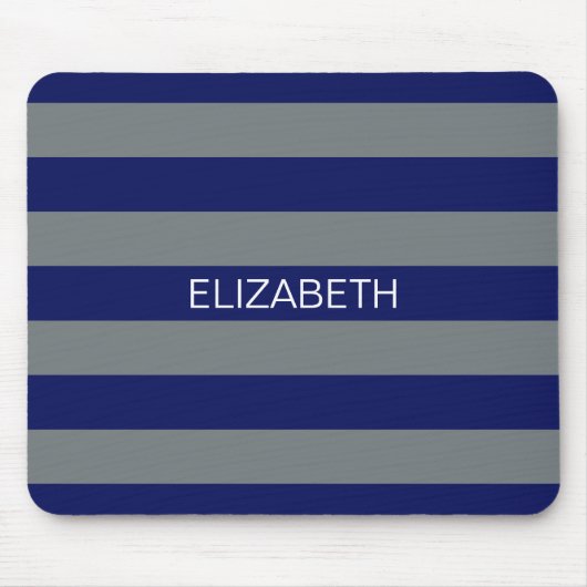 Charcoal Navy 5c Horiz Preppy Stripe Name Monogram Muismat (Voorkant)