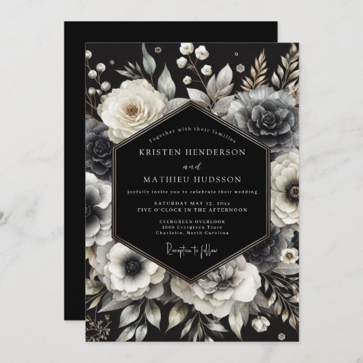 Charcoal Opulent Bloom Wedding Kaart (Voorkant / Achterkant)
