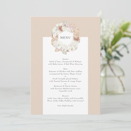 Charcoal Pampas Wreath Cream Boho Monogram Wedding Menu (Staand voorkant)