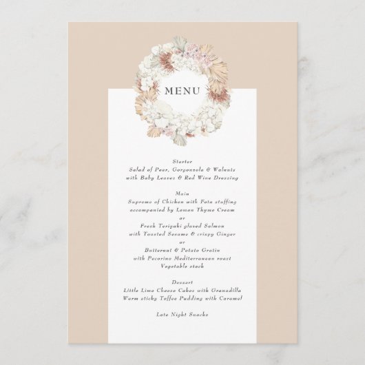 Charcoal Pampas Wreath Cream Boho Monogram Wedding Menu (Voorkant)