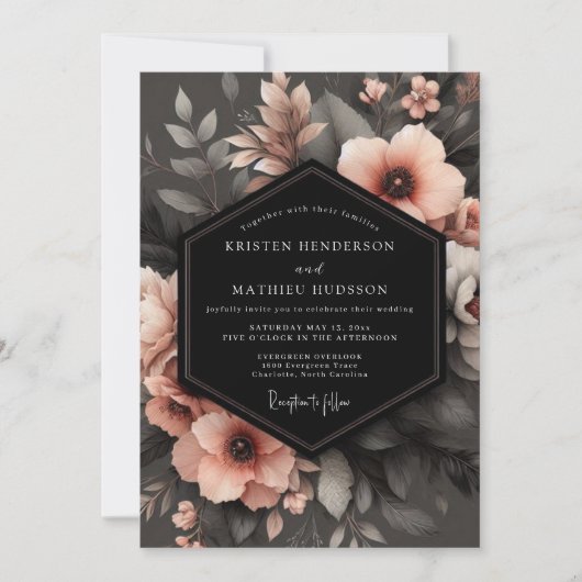 Charcoal Peach Shadowy Flora Wedding Kaart (Voorkant)