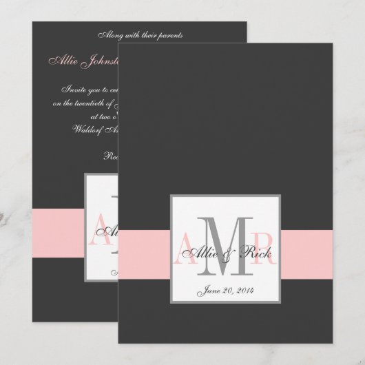 Charcoal Pink Monogram Weddenschap Front Kaart (Voorkant / Achterkant)