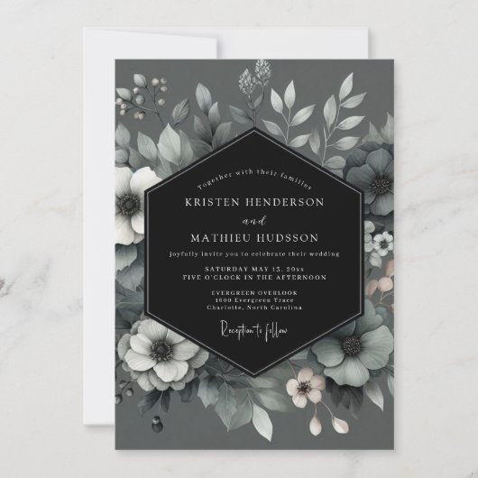 Charcoal Poetic Bloom Wedding Kaart (Voorkant)