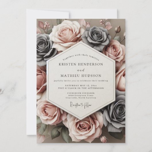 Charcoal Rose Timeless Bloom Wedding Kaart (Voorkant)