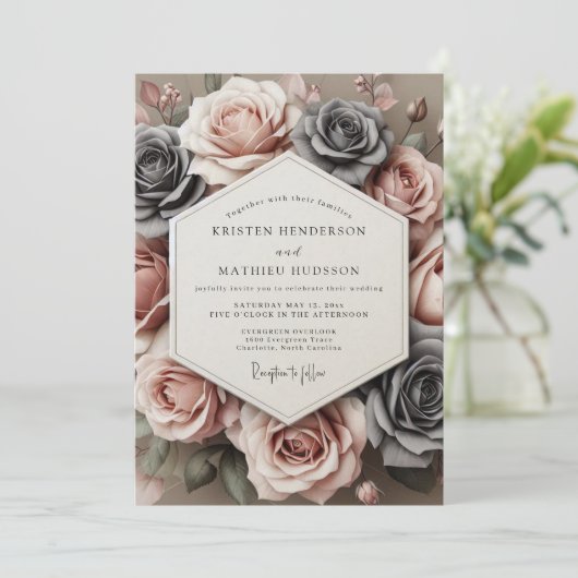 Charcoal Rose Timeless Bloom Wedding Kaart (Staand voorkant)