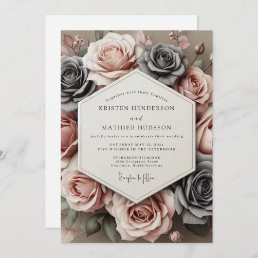 Charcoal Rose Timeless Bloom Wedding Kaart (Voorkant / Achterkant)