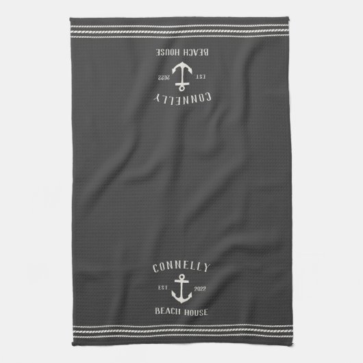 Charcoal Rustic Anchor Personalized Beach House Theedoek (Verticaal)