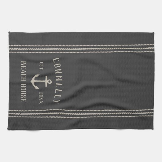 Charcoal Rustic Anchor Personalized Beach House Theedoek (Horizontaal)