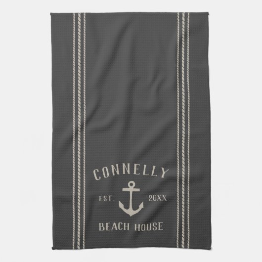 Charcoal Rustic Anchor Personalized Beach House Theedoek (Verticaal)