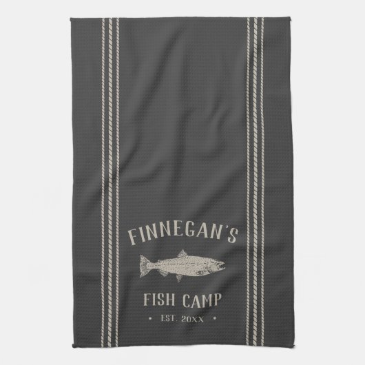 Charcoal Rustic Fish Camp gepersonaliseerd Theedoek (Verticaal)
