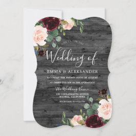 Charcoal Rustic Red Wine Floral Burgundy Wedding Kaart