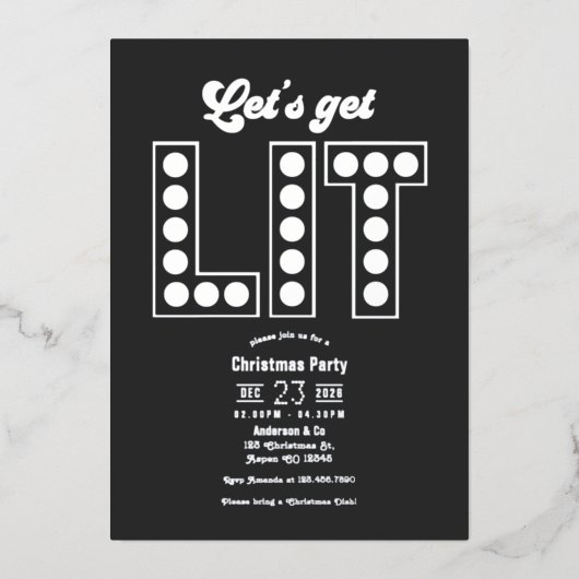 Charcoal Shine Let's Get Lit Retro Christmas Party Folie Uitnodiging (Voorkant)