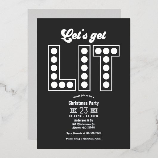Charcoal Shine Let's Get Lit Retro Christmas Party Folie Uitnodiging (Voorkant / Achterkant)