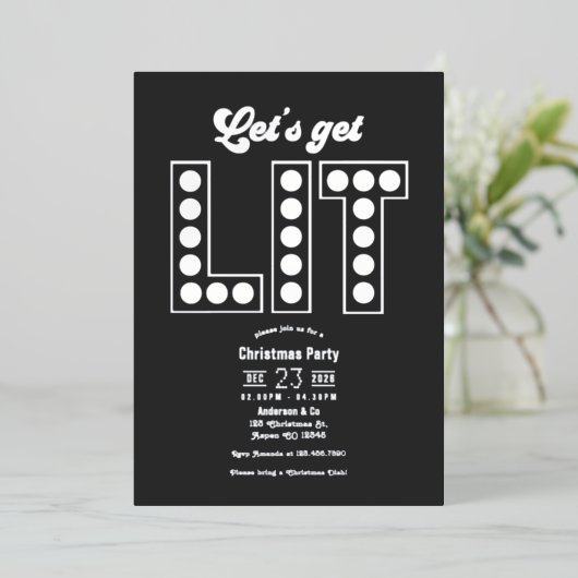 Charcoal Shine Let's Get Lit Retro Christmas Party Folie Uitnodiging (Staand Voorkant)