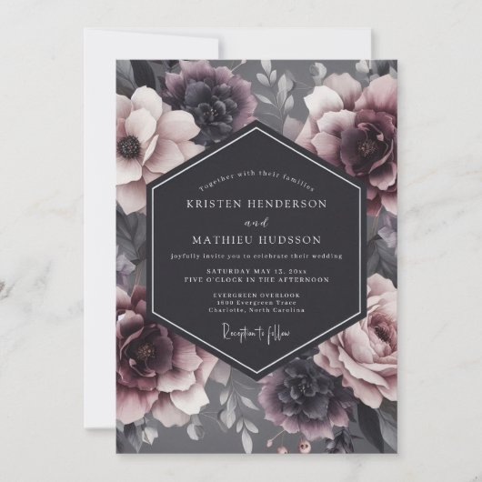 Charcoal Somber Flora Wedding Kaart (Voorkant)