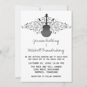 Charcoal Swirls Guitar Wedding Invitation Kaart