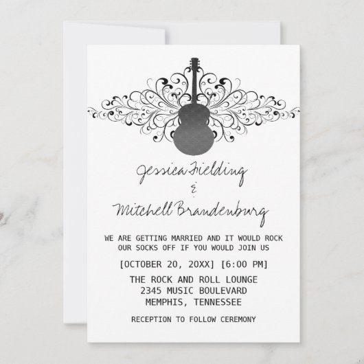 Charcoal Swirls Guitar Wedding Invitation Kaart (Voorkant)
