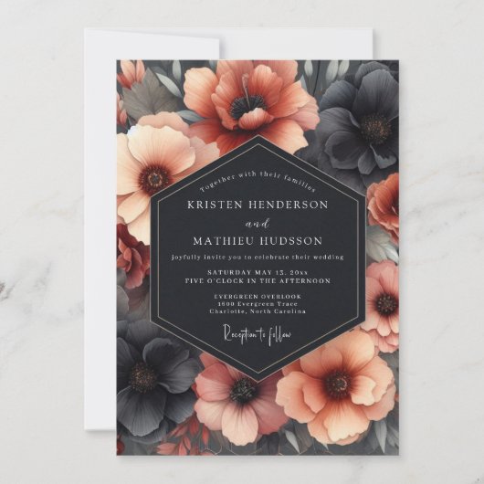 Charcoal & Terracotta Dramatic Bloom Wedding Kaart (Voorkant)