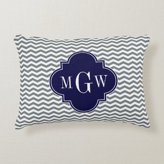 Charcoal Thin Chevron Navy Quatrefoil 3 Monogram Accent Kussen (Voorkant)