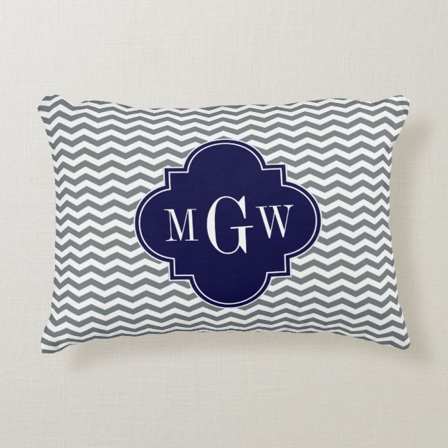 Charcoal Thin Chevron Navy Quatrefoil 3 Monogram Accent Kussen (Voorkant)
