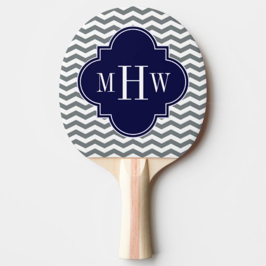 Charcoal Thin Chevron Navy Quatrefoil 3 Monogram Tafeltennisbatje (Voorkant)