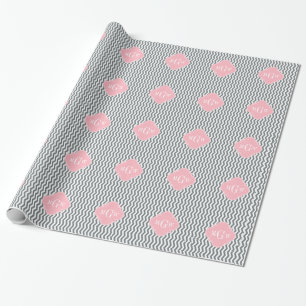 Charcoal Thin Chevron Pink Quatrefoil 3 Monogram Cadeaupapier