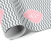 Charcoal Thin Chevron Pink Quatrefoil 3 Monogram Cadeaupapier (Rol Hoek)