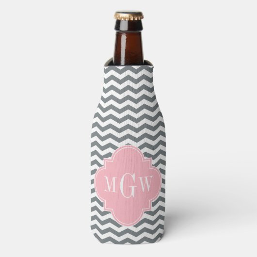 Charcoal Thin Chevron Pink Quatrefoil 3 Monogram Flesjeskoeler (Fles Voorkant)