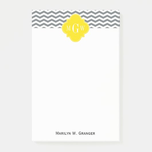 Charcoal Thin Chevron Yellow Quatrefoil 3 Monogram Post-it® Notes (Voorkant)