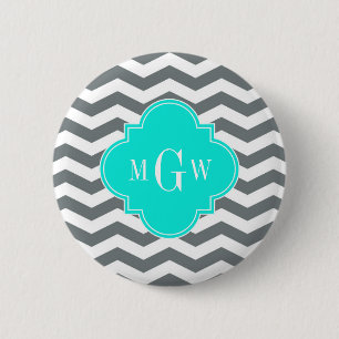 Charcoal Tn Chevron Brt Aqua Quatrefoil 3 Monogram Ronde Button 5,7 Cm