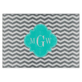 Charcoal Tn Chevron Brt Aqua Quatrefoil 3 Monogram Snijplank (Voorkant)