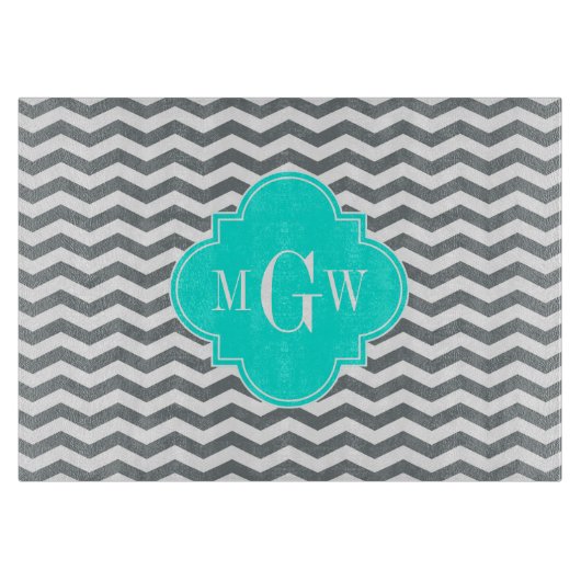 Charcoal Tn Chevron Brt Aqua Quatrefoil 3 Monogram Snijplank (Voorkant)