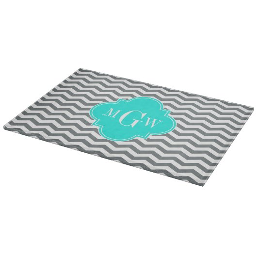 Charcoal Tn Chevron Brt Aqua Quatrefoil 3 Monogram Snijplank (Hoek)
