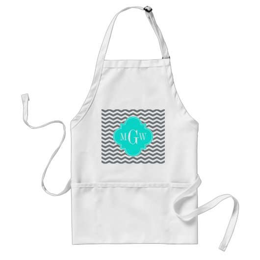 Charcoal Tn Chevron Brt Aqua Quatrefoil 3 Monogram Standaard Schort (Voorkant)