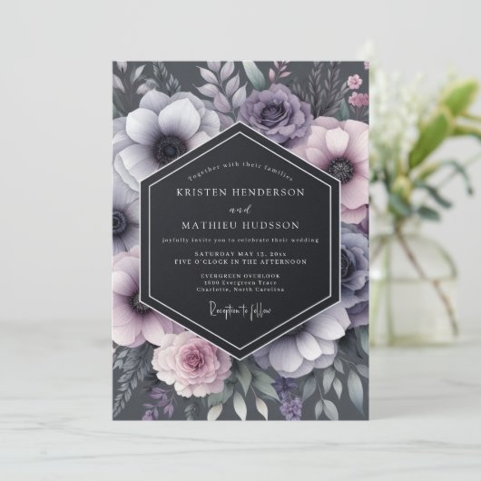 Charcoal Twilight Anemone Wedding Kaart (Staand voorkant)