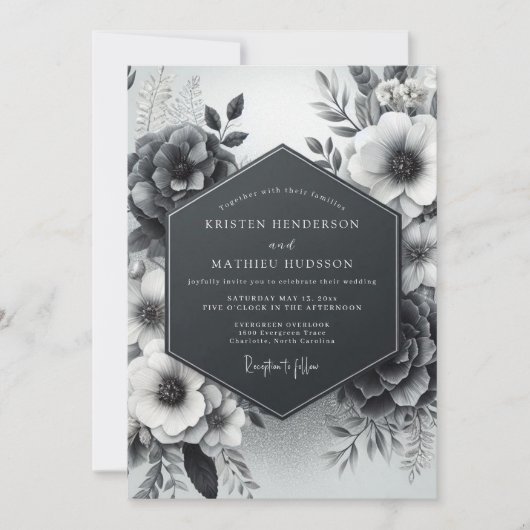 Charcoal Vesperal Flora Wedding Kaart (Voorkant)